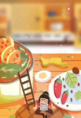 手绘美食火锅麻辣烫炸鸡面插画