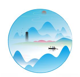 手绘复古中国风人物山水云纹装饰