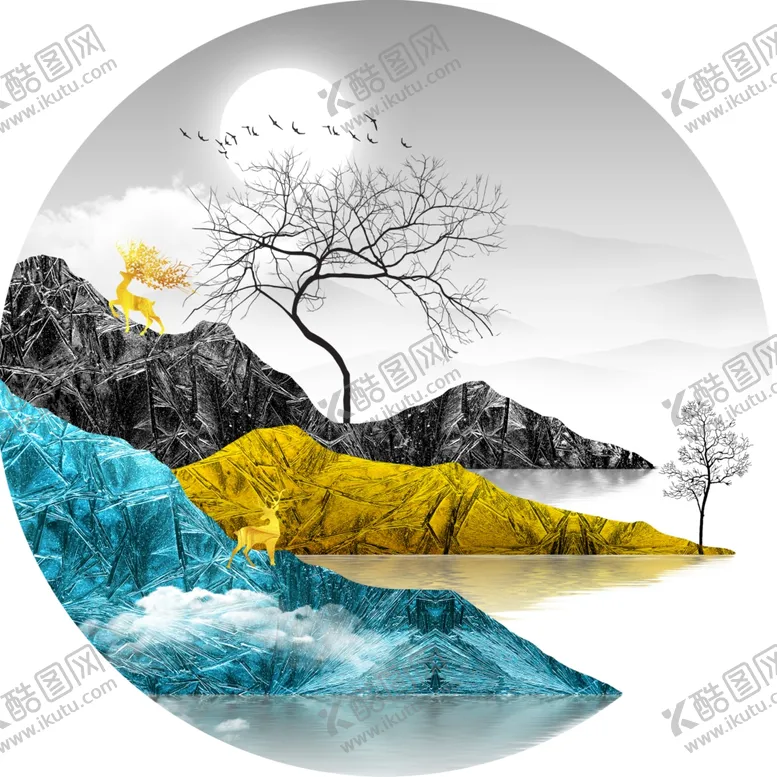编号：36903201170432156700【酷图网】源文件下载-山脉湖泊圆形挂画装饰画