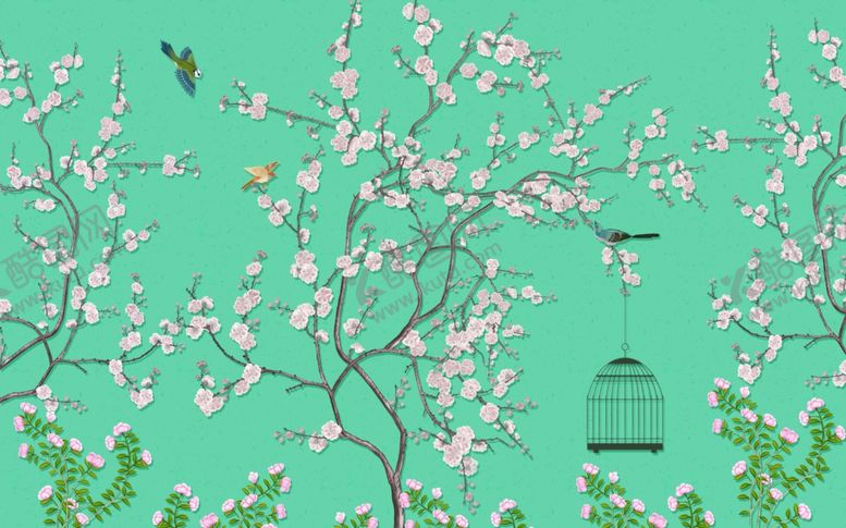 编号：42874007141658292217【酷图网】源文件下载-花鸟画手绘画鸟鸟笼背景墙
