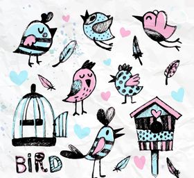 水彩花卉和鸟笼矢量素材