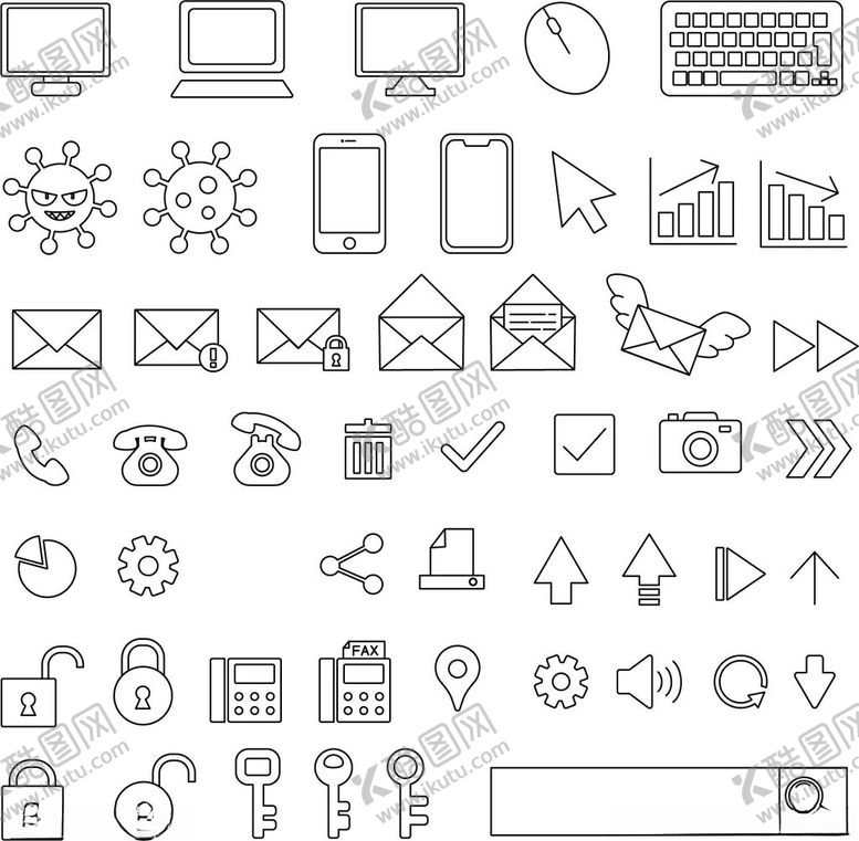 编号：44757911150231229316【酷图网】源文件下载-简约线条风格通信图标集