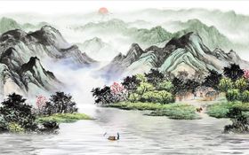 仿古青绿山水国画电视背景墙