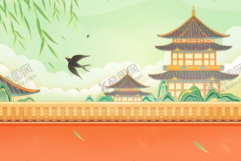 编号：21288909212050558764【酷图网】源文件下载-古风楼阁旁飞鸟与垂柳
