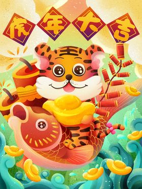 虎年国潮插画贺卡2022海报2022新春