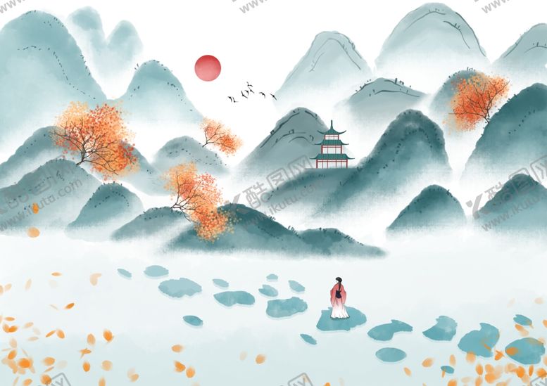 编号：19659809290856254136【酷图网】源文件下载-山水传统复古插画背景海报素材
