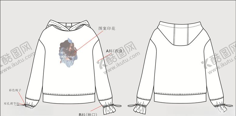 编号：43951706261320055884【酷图网】源文件下载-印花抽绳戴帽卫衣款式图