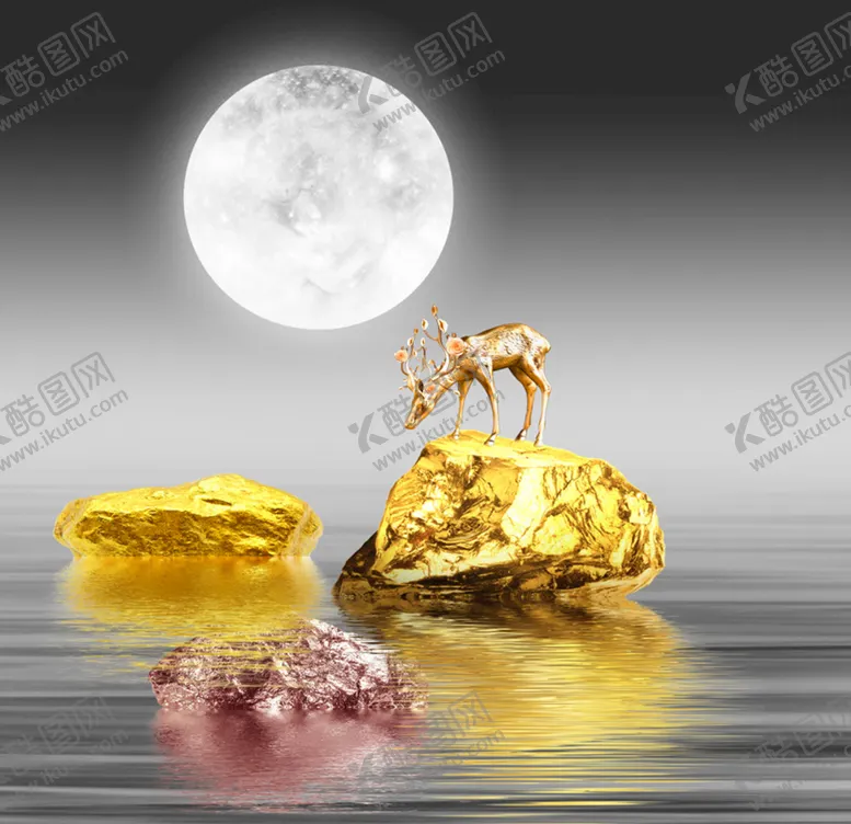 编号：28525811201709506306【酷图网】源文件下载-湖泊金属石头麋鹿挂画装饰画