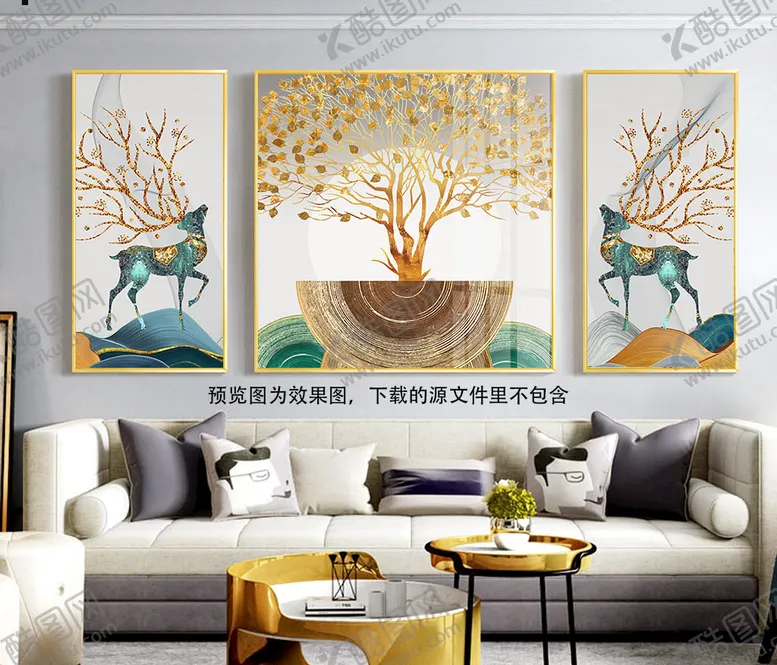 编号：47772210160523088117【酷图网】源文件下载-大树麋鹿水彩三联挂画装饰画