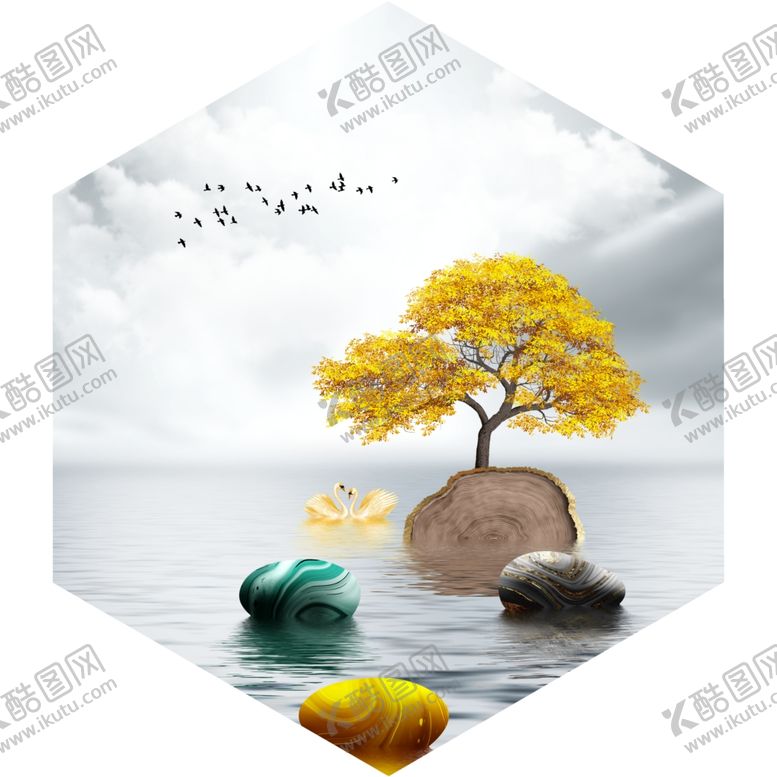 编号：92096210121336202150【酷图网】源文件下载-新中式飞鸟石头水大海装饰画
