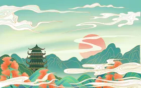 国潮背景中风山水云雾云雾缭绕