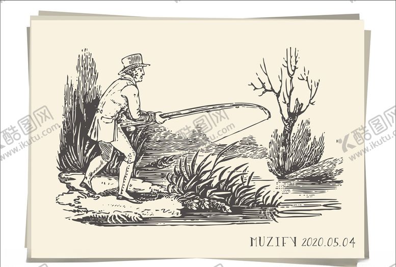 编号：28706409211022496732【酷图网】源文件下载-戴礼帽的垂钓男子素描画
