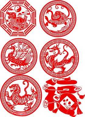 传统剪纸风生肖与福字图案