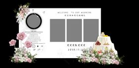 白绿粉色婚礼照片墙甜品区