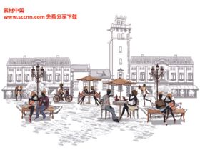 手绘风格街头咖啡馆