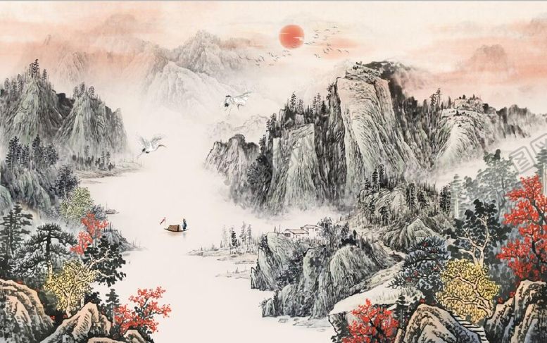 编号：32568009240256182814【酷图网】源文件下载-中式青绿山水国画电视背景墙