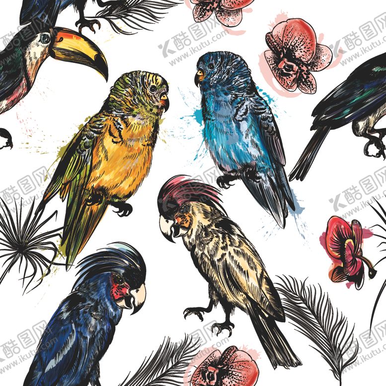 编号：23429911010143297187【酷图网】源文件下载-热带花鸟数码印花动物