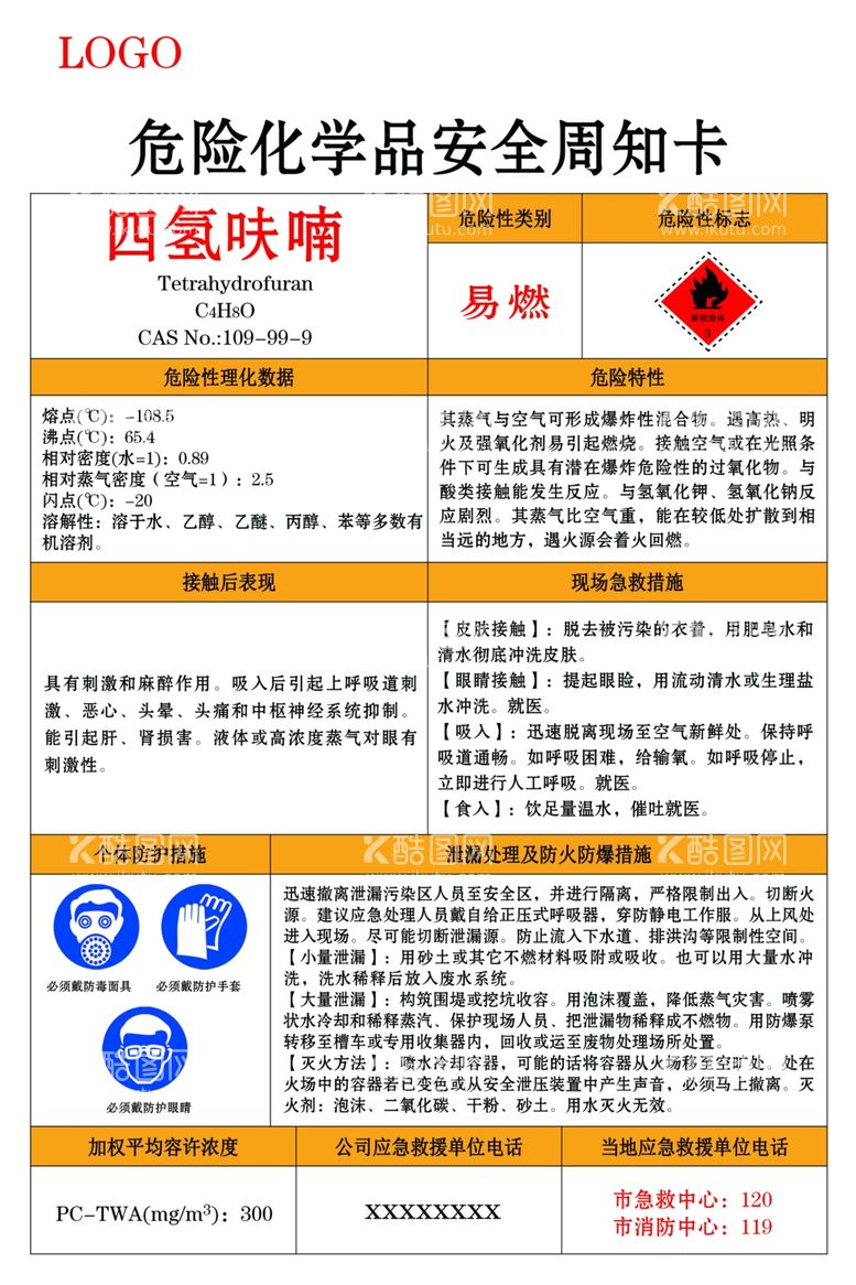 编号：37937012211500396587【酷图网】源文件下载-四氢呋喃危险化学品安全周知卡