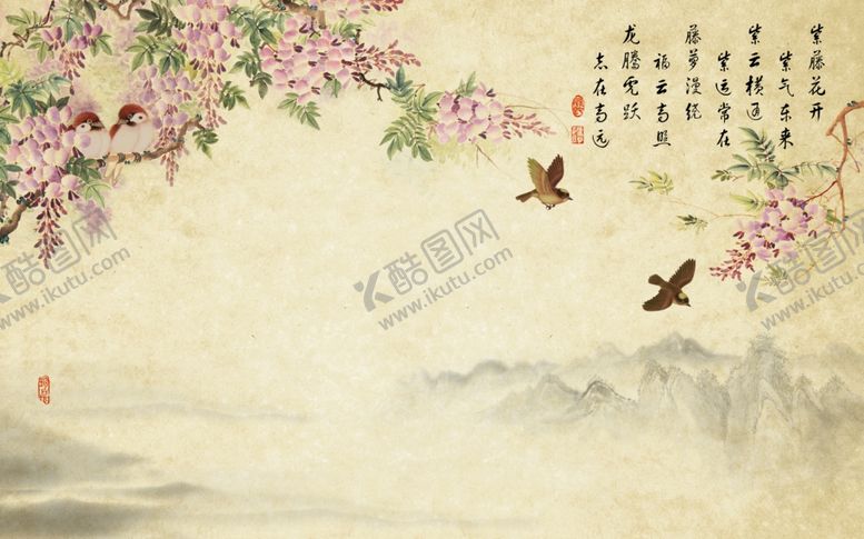 编号：30992110271136347801【酷图网】源文件下载-国画紫藤花开山水画古画