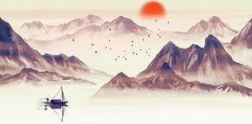 山水水彩复古插画背景海报素材
