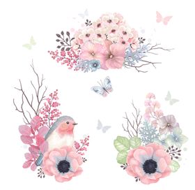 森系水彩手绘插画花鸟花卉花草叶