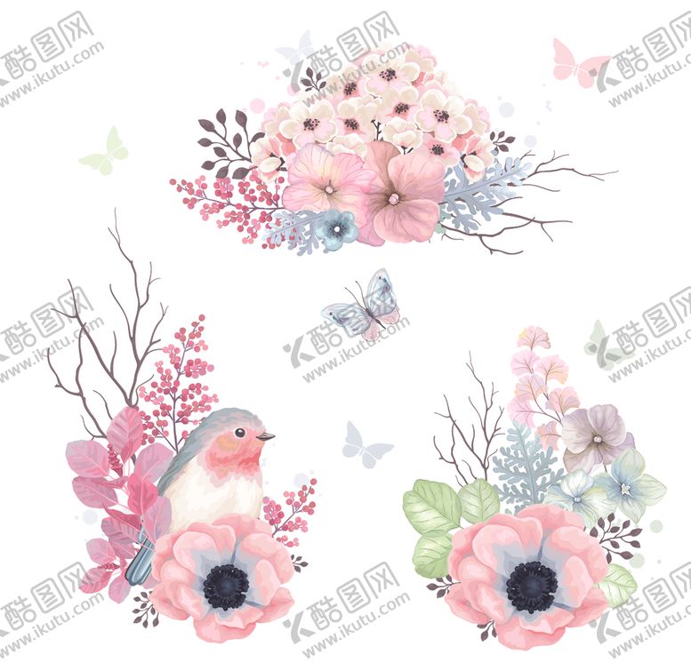 编号：19362210032055341557【酷图网】源文件下载-森系水彩手绘插画花鸟花卉花草叶