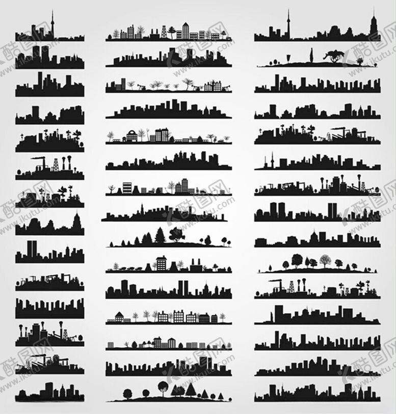 编号：13553311021720476000【酷图网】源文件下载-多样城市建筑轮廓剪影集