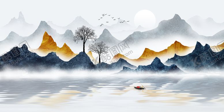 编号：78396411220745374810【酷图网】源文件下载-水墨湖畔山脉三联挂画装饰画