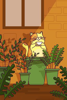 创意窗户下喝咖啡的猫咪