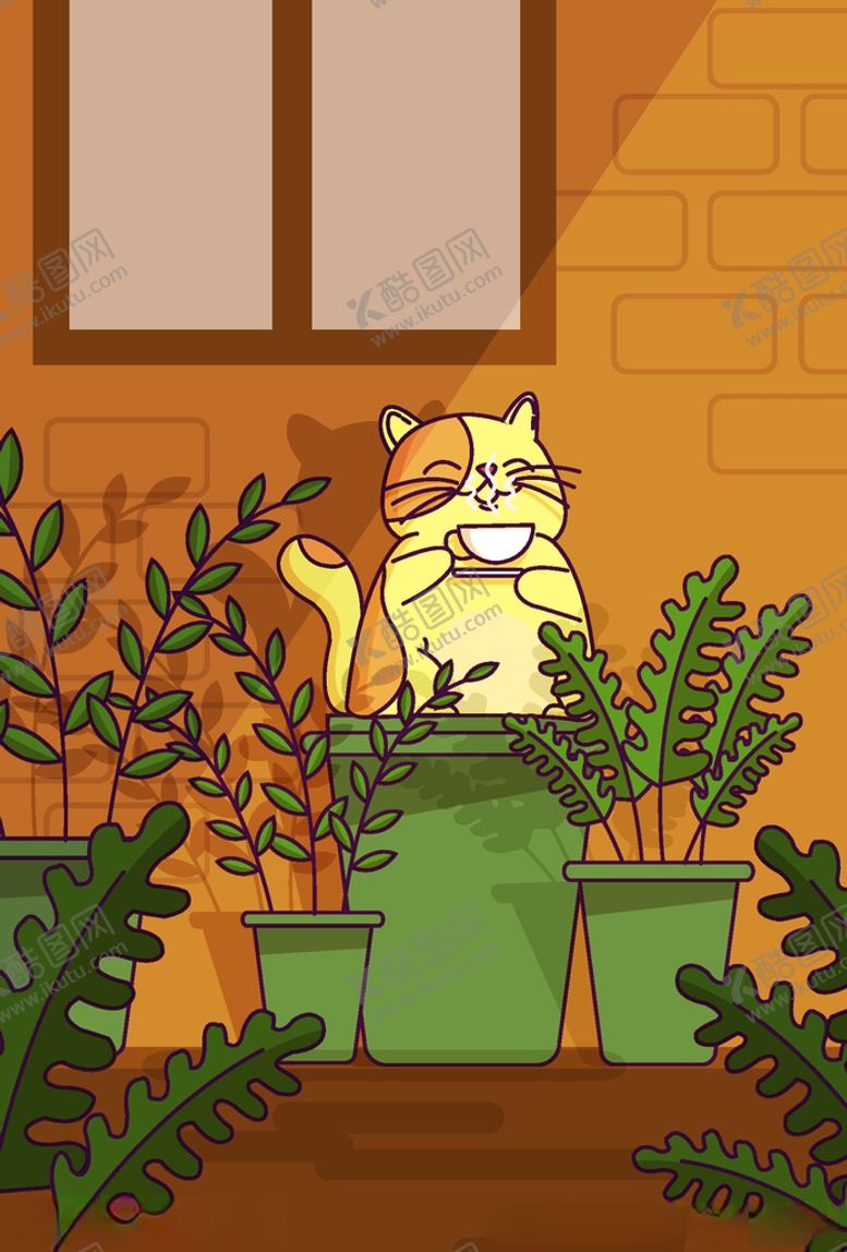 编号：11498307131142198814【酷图网】源文件下载-创意窗户下喝咖啡的猫咪