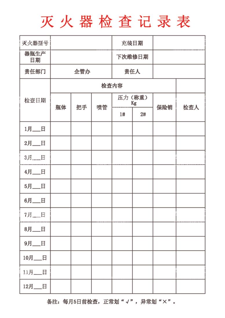 编号：93801512130235336724【酷图网】源文件下载-灭火器检查记录表