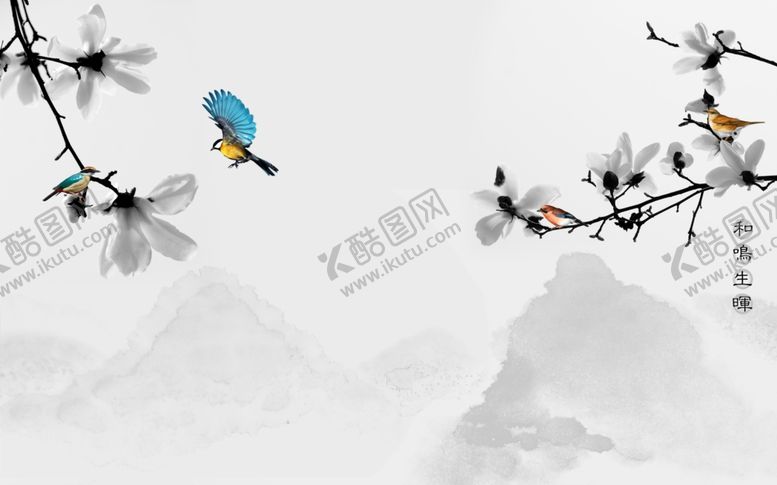 编号：28299110221217458611【酷图网】源文件下载-花鸟画手绘画鸟玉兰背景墙