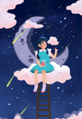 手绘插画月亮女孩