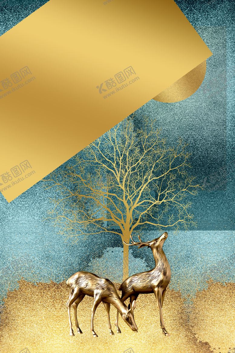 编号：10223510231318229866【酷图网】源文件下载-金箔飞鸟麋鹿玄关装饰画素材