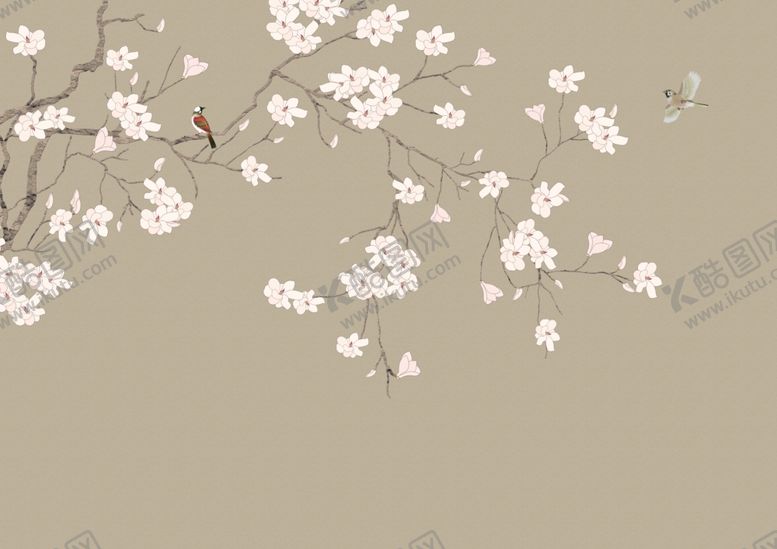 编号：40450810231104234498【酷图网】源文件下载-花鸟画玉兰飞鸟背景墙