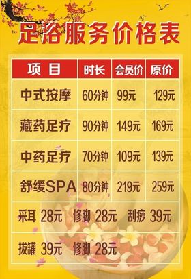 足浴价格表