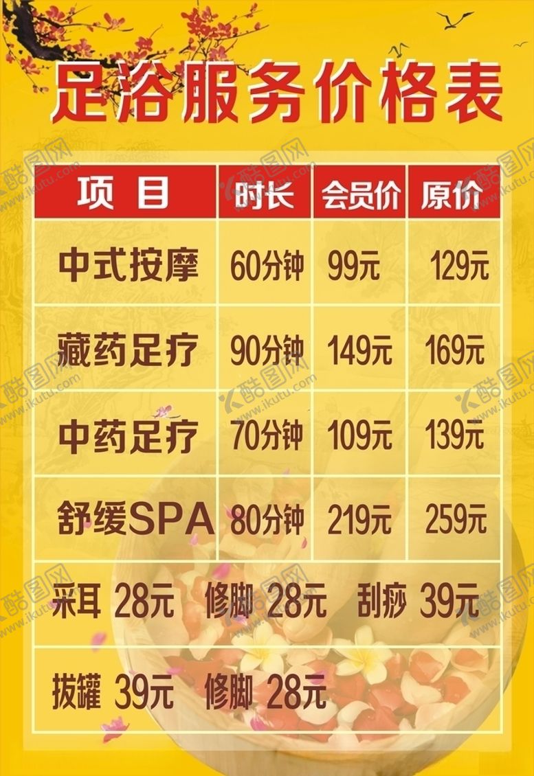编号：58050710310327521893【酷图网】源文件下载-足浴价格表