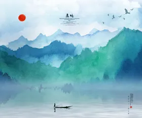 中国风水墨元素背景意境江南古镇毛笔画