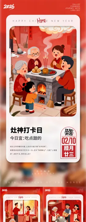 2026新中式插画风年俗日签海报