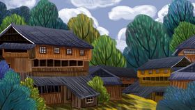 山间木屋村落自然美景