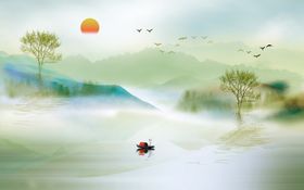 旭日东升诗人山水背景墙