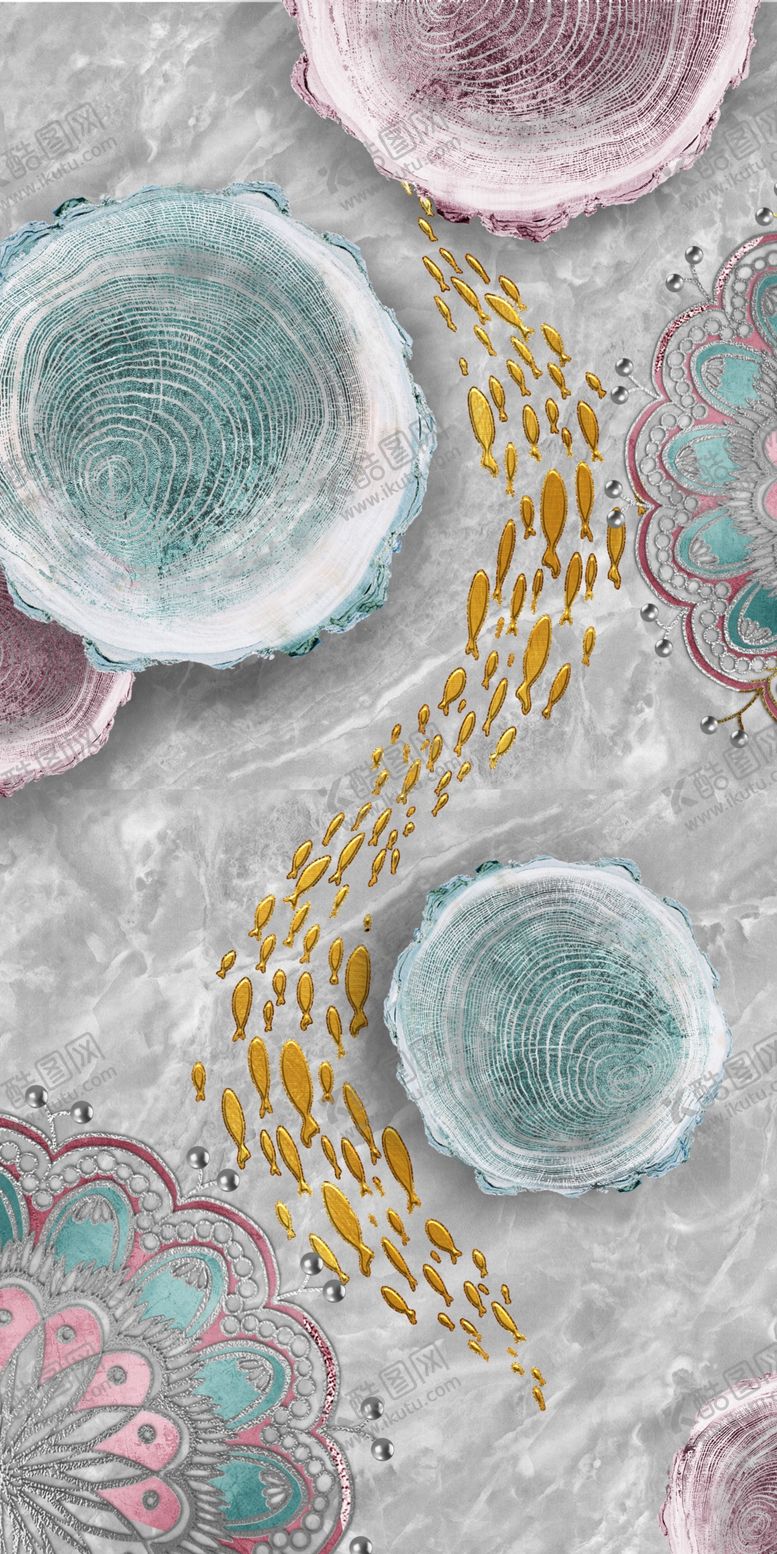 编号：50856809261313475176【酷图网】源文件下载-轻奢年轮鱼群玄关画