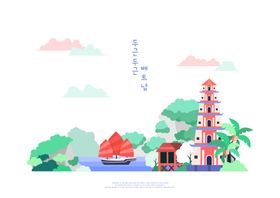 手绘樱花风景插画图片 