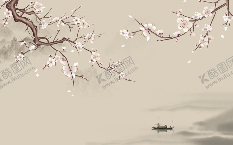 编号：13861009222121149396【酷图网】源文件下载-水墨山水梅花小船背景墙
