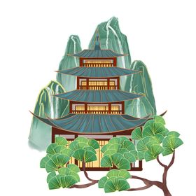国潮亭台楼阁松树