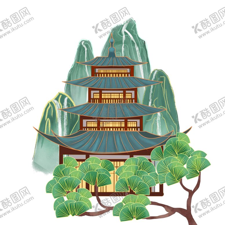 编号：88721405151034199111【酷图网】源文件下载-国潮亭台楼阁松树