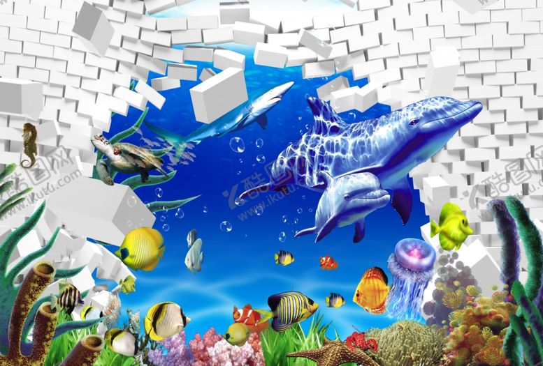 编号：90019710281643173452【酷图网】源文件下载-海底风景海豚图片