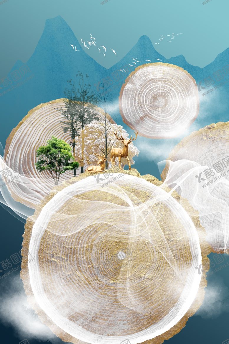 编号：93476409180834444407【酷图网】源文件下载-梦幻森林麋鹿玄关画