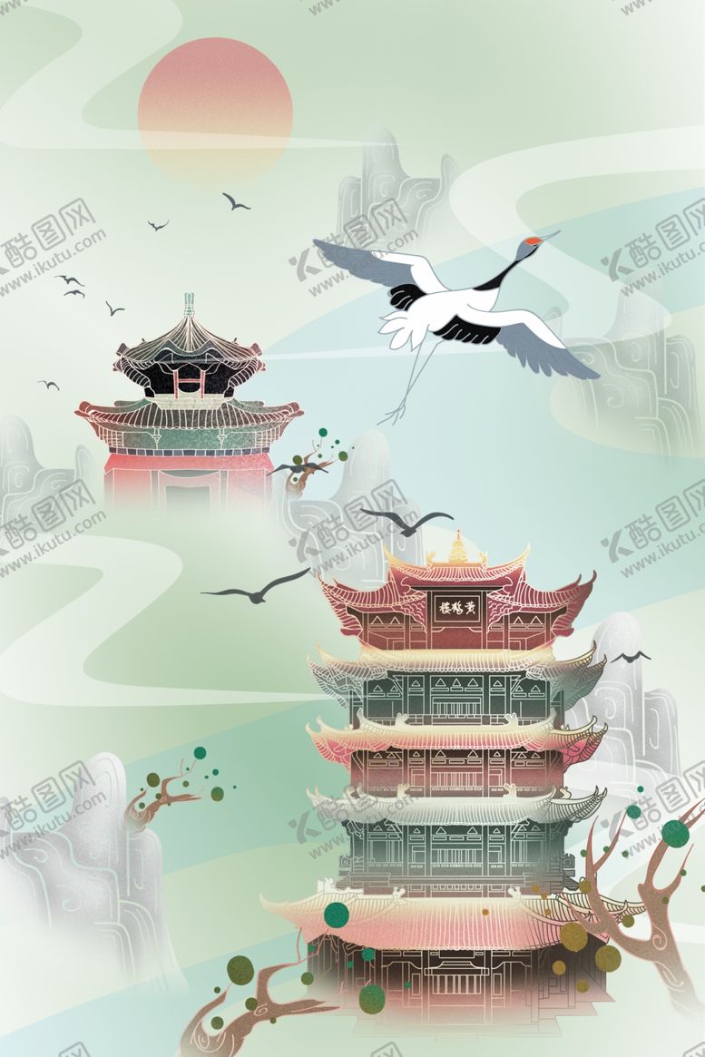 编号：27510807031033411004【酷图网】源文件下载-黄鹤楼仙鹤插画清新背景海报素材