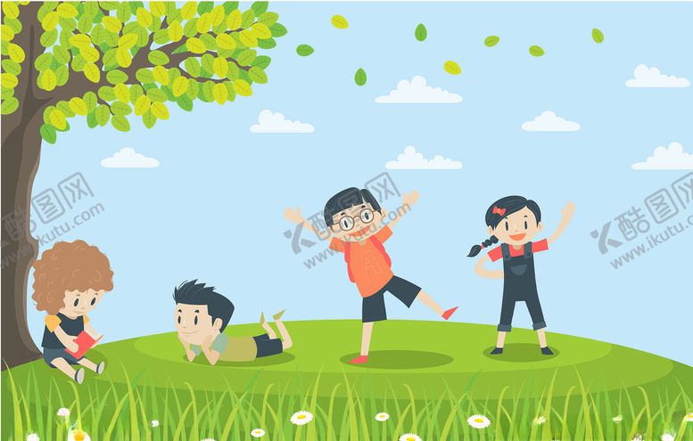 编号：38715307011241502197【酷图网】源文件下载-孩子们在树下看书玩耍